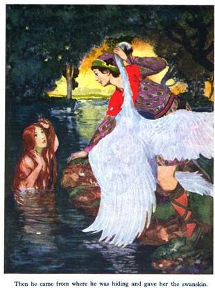 A man seated by a river holds up a swan skin, offering it to a woman bathing.